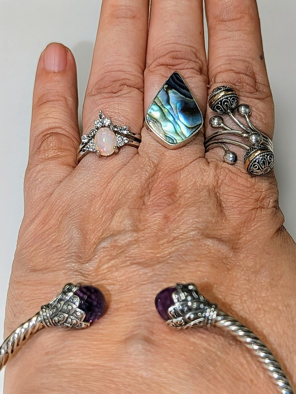 Faceted Amethyst Sterling Silver Bali Hinge Cuff with 18K Gold Accents - Picture 4 of 14